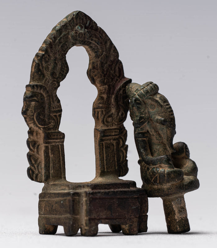 Ganesha Statue - Antique Thai Style Enthroned Bronze Seated Ganesha Statue - 6.5cm/3"