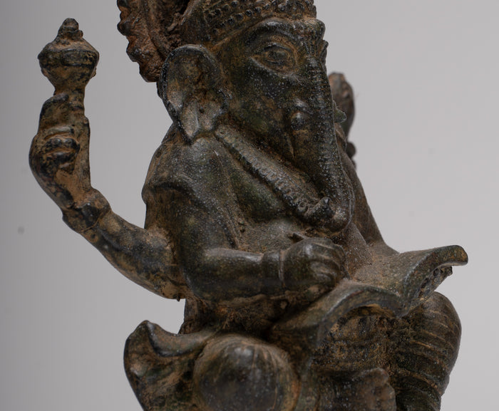 Ganesha Statue - Antique Thai Style Seated Bronze Ganesh Statue - 16cm/6"