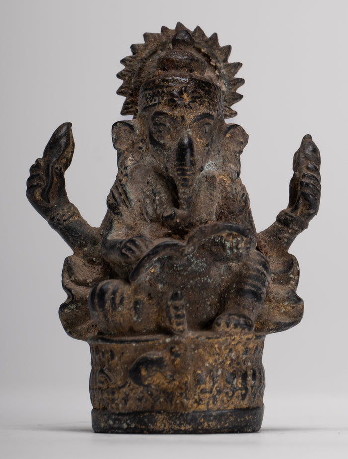 Ganesha Statue - Antique Thai Style Seated Bronze Ganesh Statue - 8cm/3"