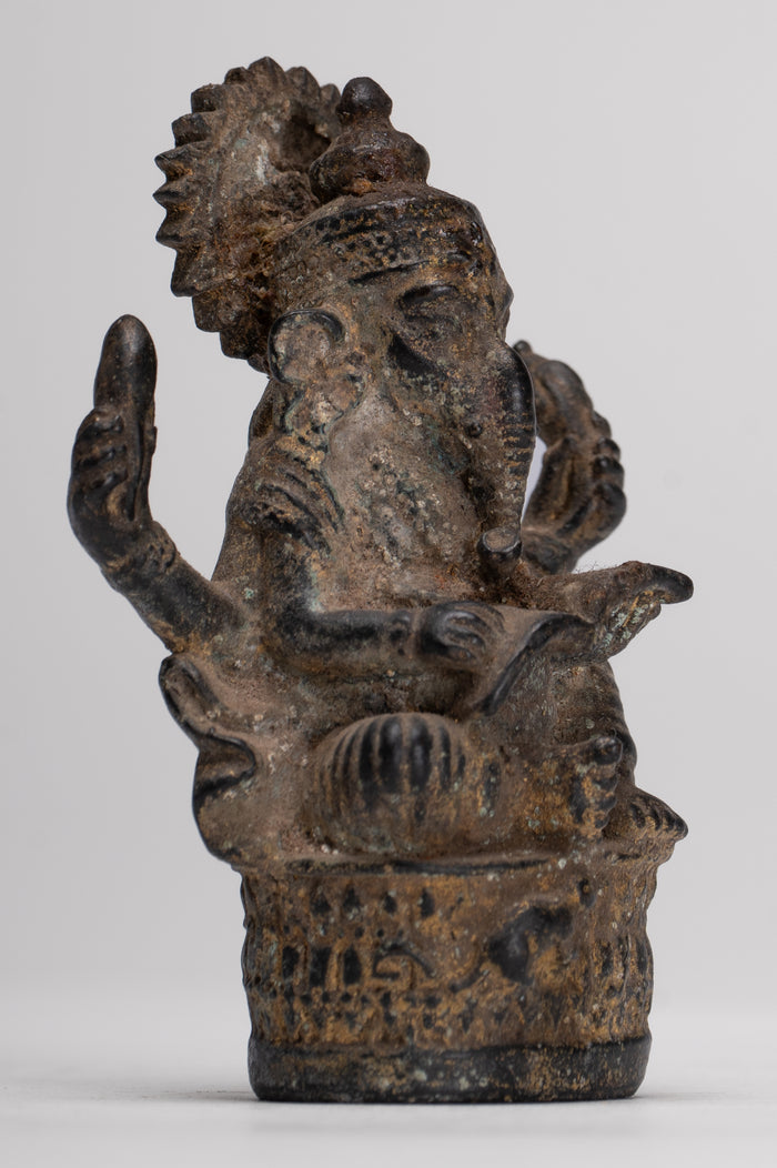 Ganesha Statue - Antique Thai Style Seated Bronze Ganesh Statue - 8cm/3"