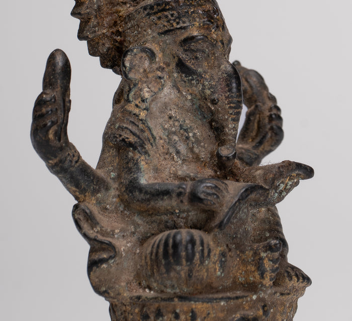 Ganesha Statue - Antique Thai Style Seated Bronze Ganesh Statue - 8cm/3"