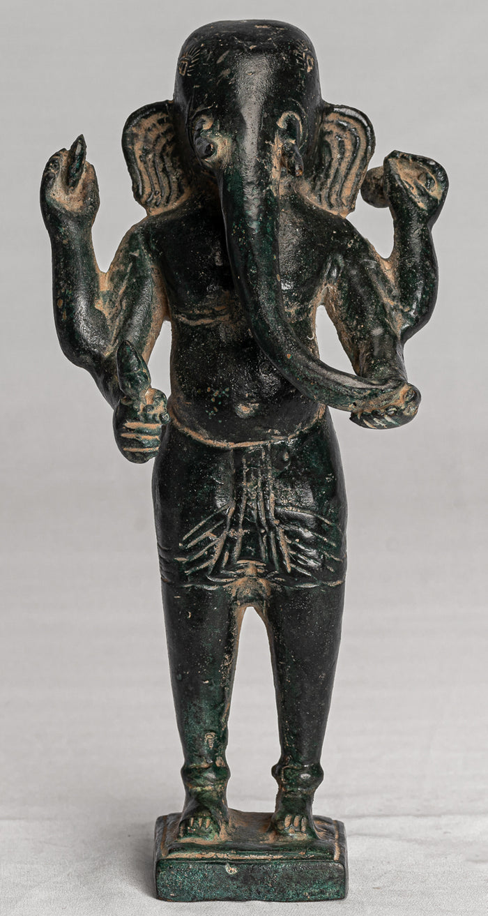 Ganesha Statue - Antique Vietnamese Style Bronze Standing Cham Four-Arm Ganesha Statue - 20cm/8"
