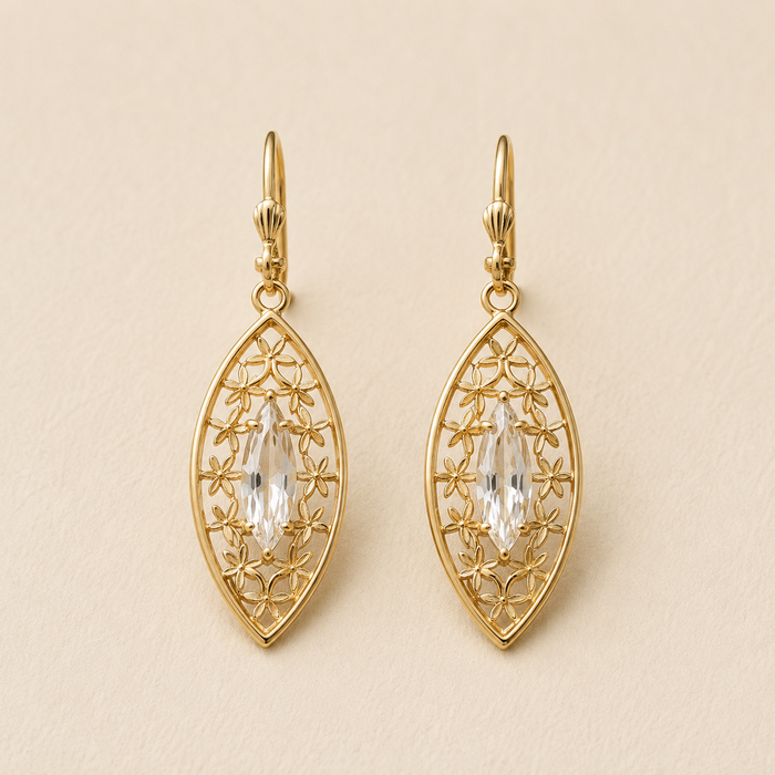 Gold-tone teardrop dangle earrings with filigree and clear faceted center