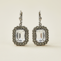 Square clear-stone drop earrings with ornate filigree halo and lever backs