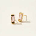 Gold baguette stud earrings with pink amethyst rectangular stones in gold bezels