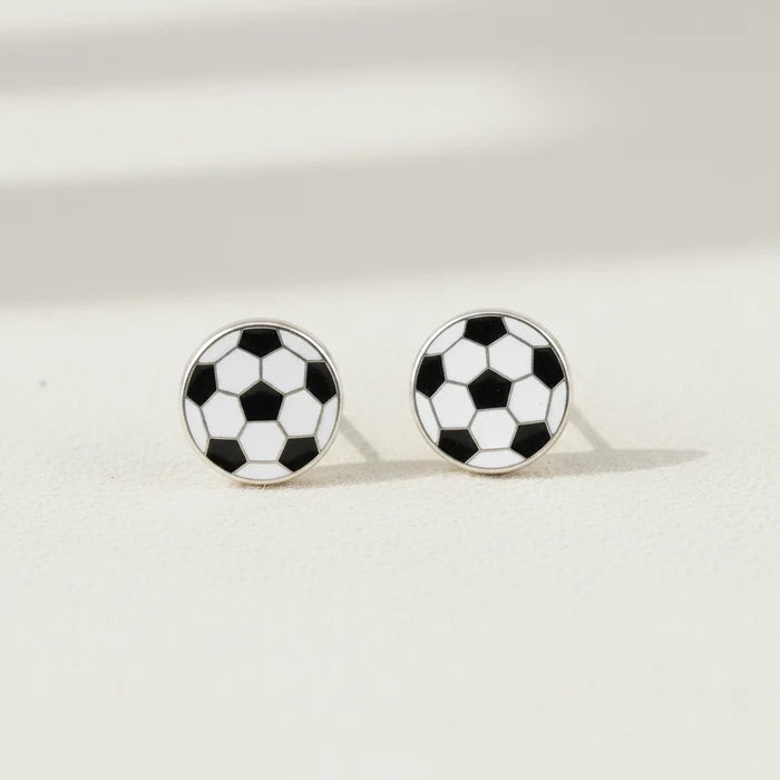 Soccer-ball stud earrings with black-and-white round enamel design