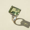 Green amethyst statement ring with square-cut stone and silver filigree setting