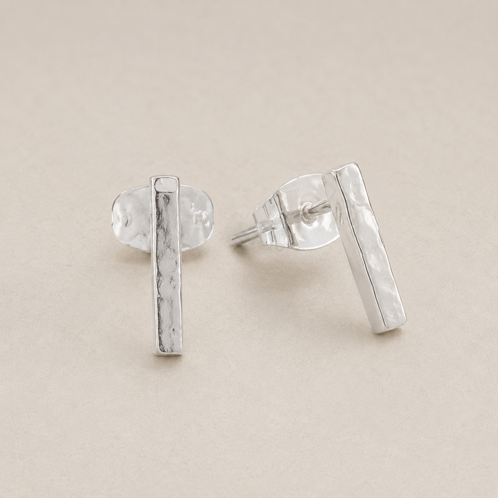 Hammered bar stud earrings, silver tone, with butterfly back closures
