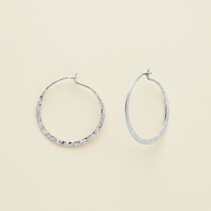 Hammered wire hoop earrings in silver tone, circular textured hoops