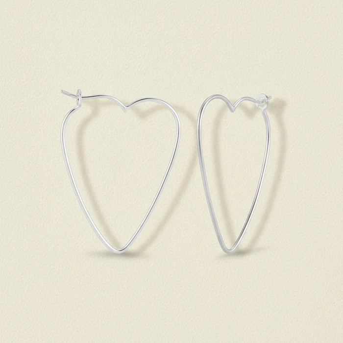 Heart-shaped wire hoop earrings, silver-tone, heart outline with stud closures