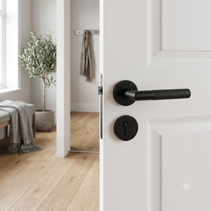 Modern knurled door handle on rose in matt black