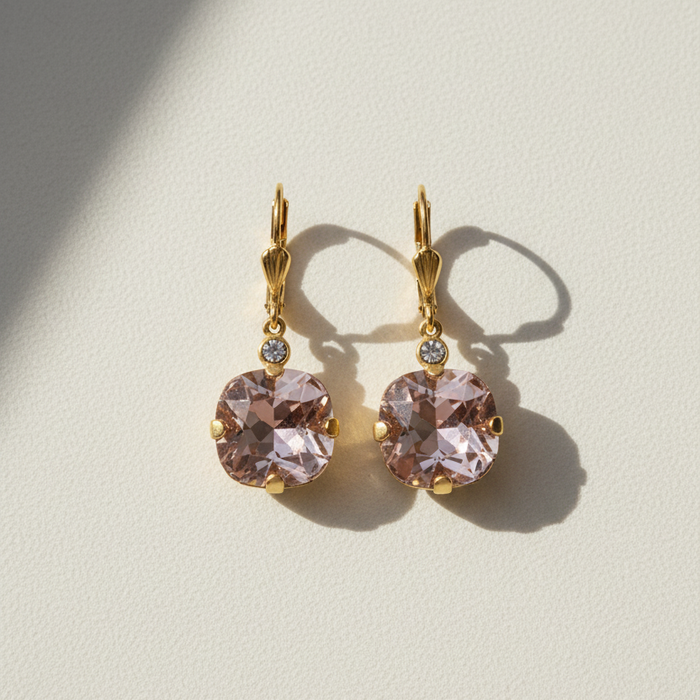 Gold-tone drop earrings with round faceted blush stones and small clear accents