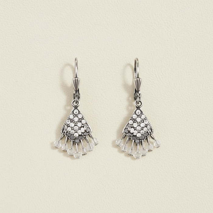 Silver lace fan drop earrings with dangling filigree and bead details