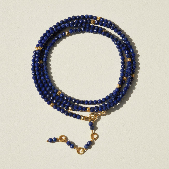 Lapis gemstone wrap necklace/bracelet with dark blue bead strands and gold clasp