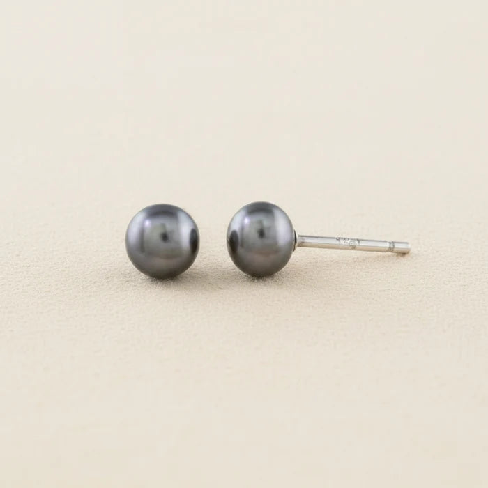 Large gray pearl stud earrings with round pearls and post backs