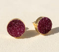 Large round druzy stud earrings with purple sparkle, gold-tone posts