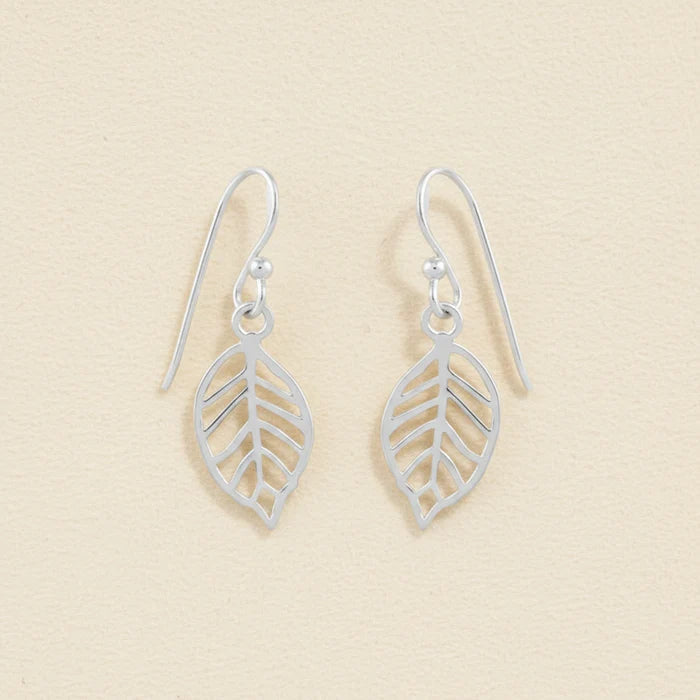 Silver leaf outline dangle earrings with drop hook and openwork leaf design