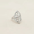 Silver leaf openwork ring with geometric cutouts, wide band