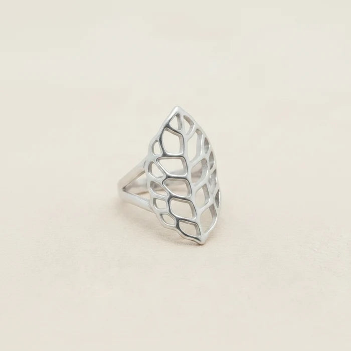 Silver leaf openwork ring with geometric cutouts, wide band