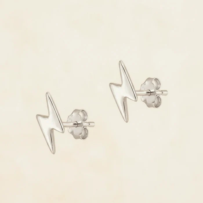 Lightning bolt stud earrings in silver-tone metal with butterfly backs