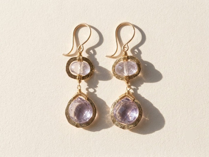 Gold-tone double drop earrings with clear and lilac beaded drops, lever hooks