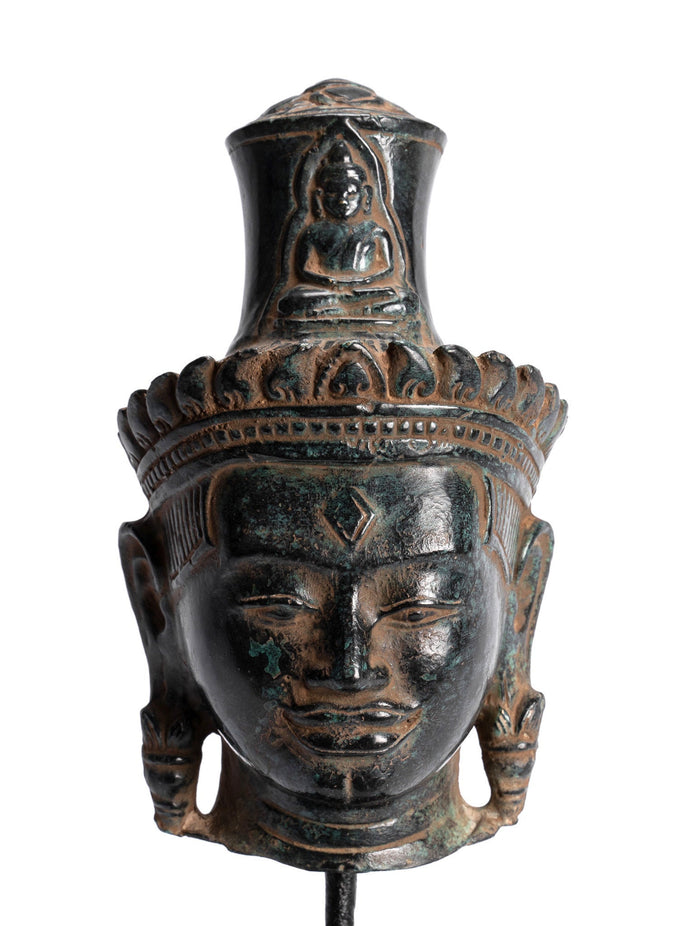 Lokeshvara Statue - Antique Khmer Style Bronze Bayon Style Mounted Lokeshvara Head - 22cm/9"