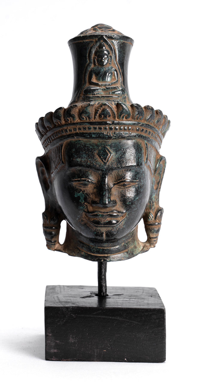 Lokeshvara Statue - Antique Khmer Style Bronze Bayon Style Mounted Lokeshvara Head - 22cm/9"