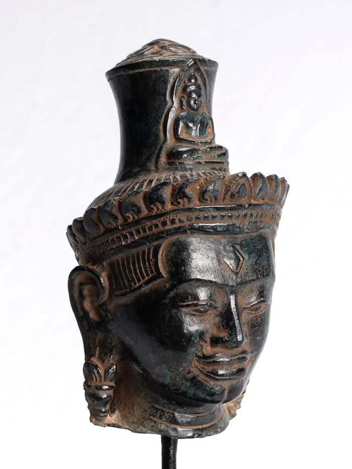 Lokeshvara Statue - Antique Khmer Style Bronze Bayon Style Mounted Lokeshvara Head - 22cm/9"