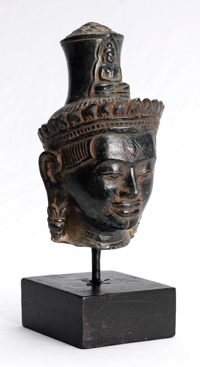 Lokeshvara Statue - Antique Khmer Style Bronze Bayon Style Mounted Lokeshvara Head - 22cm/9"