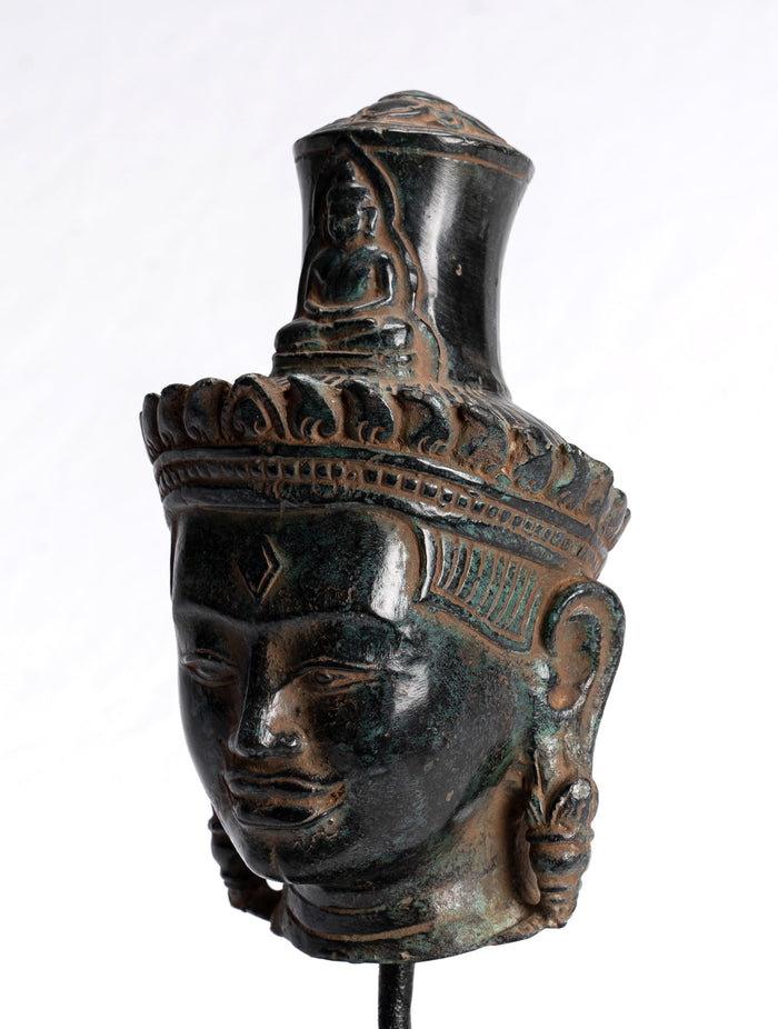 Lokeshvara Statue - Antique Khmer Style Bronze Bayon Style Mounted Lokeshvara Head - 22cm/9"