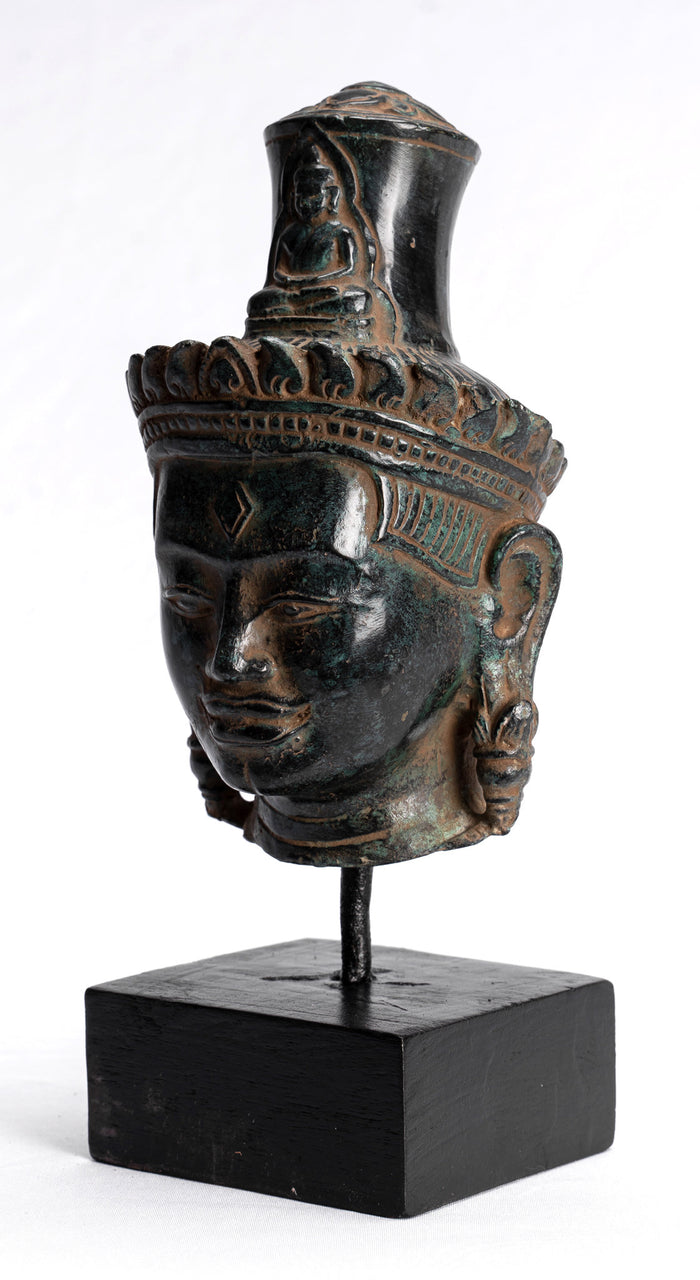 Lokeshvara Statue - Antique Khmer Style Bronze Bayon Style Mounted Lokeshvara Head - 22cm/9"