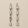Pair of long mirrored drop earrings with three faceted teardrop charms and silver hooks