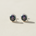Round silver-tone gemstone stud earrings with purple-green iridescent center