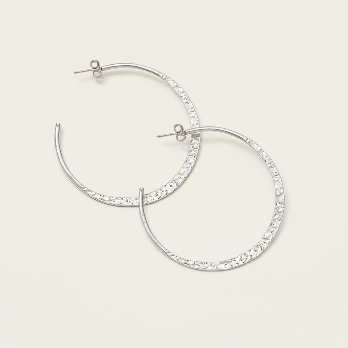Medium silver hammered hoop earrings with post backs, round textured hoops