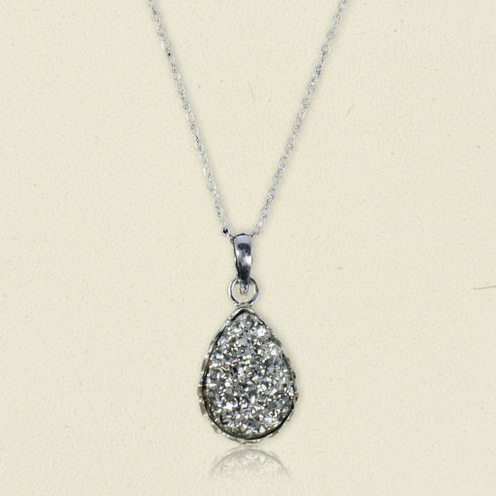 Teardrop druzy pendant necklace with silver-toned chain and silver druzy teardrop pendant