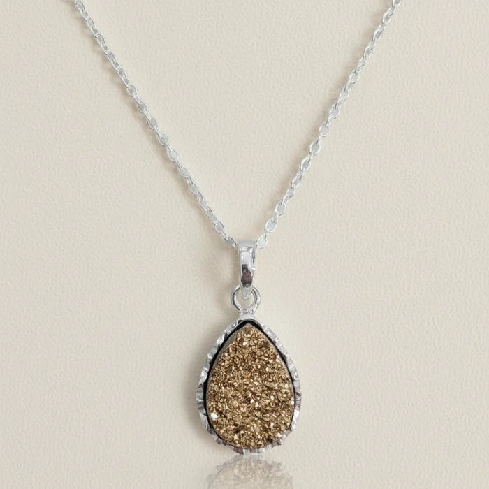 Teardrop druzy pendant necklace with silver-toned chain and gold druzy teardrop pendant