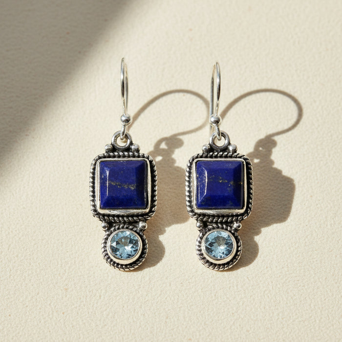 Blue square and round gemstone drop earrings, silver-tone hooks