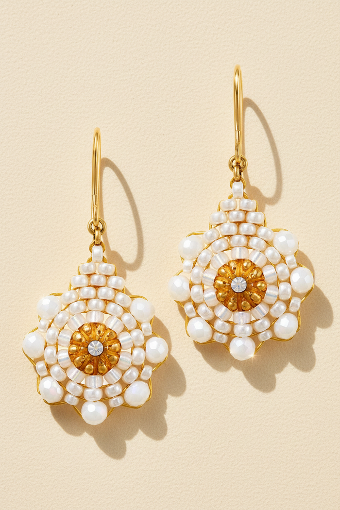 Gold hoop earrings with white pearl beaded teardrop dangle and gold center