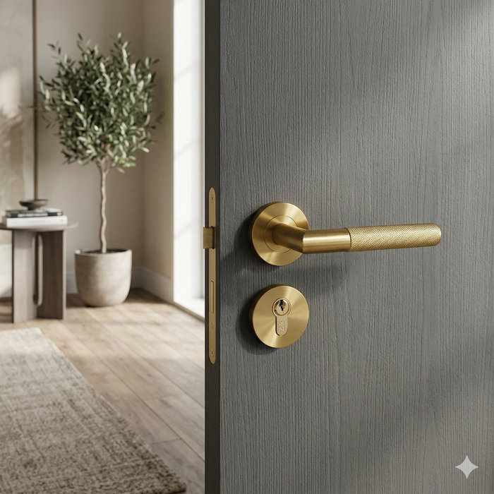 Brushed Brass Knurled Door Handle on Rose with Cylinder Lock and Cylinder