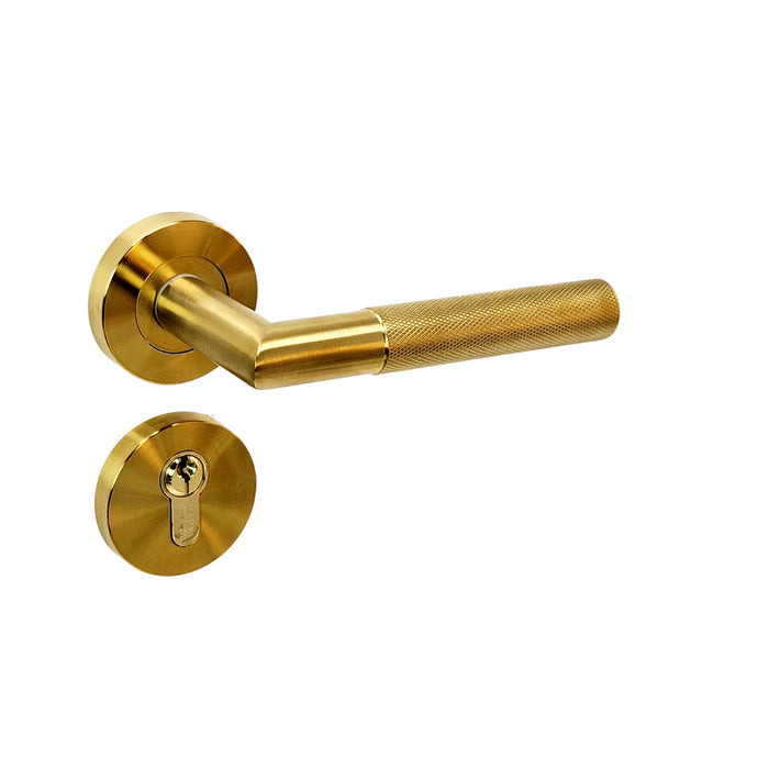 Modern Knurled Door Handle on Rose (Matt Brass)