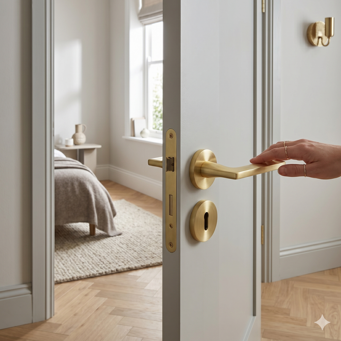 Modern Lever Door Handle on Round Rose - Matt Brass