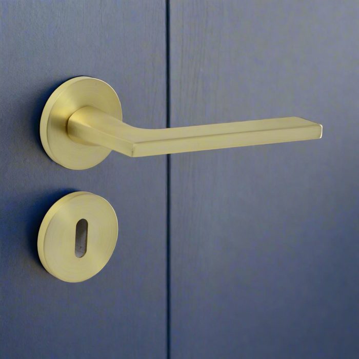 Modern Lever Door Handle on Round Rose - Matt Brass door handle on rose