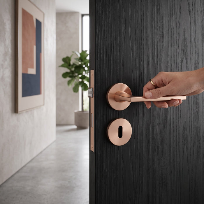 Modern Lever Door Handle on Round Rose - Rose Gold