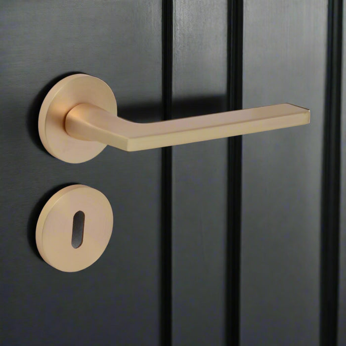 Modern Lever Door Handle on Round Rose - Rose Gold door handle on rose