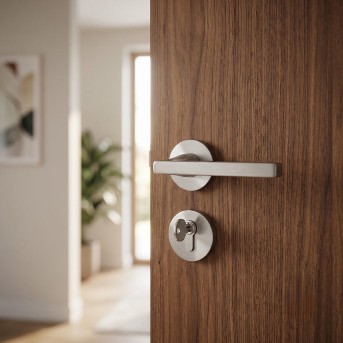 Modern Lever Door Handle on Round Rose - Satin Nickel