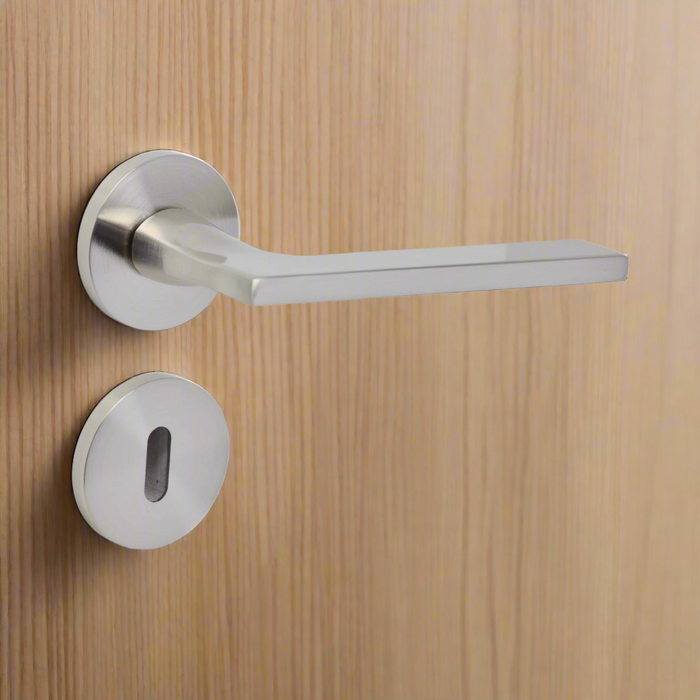 Modern Lever Door Handle on Round Rose - Satin Nickel door handle on rose