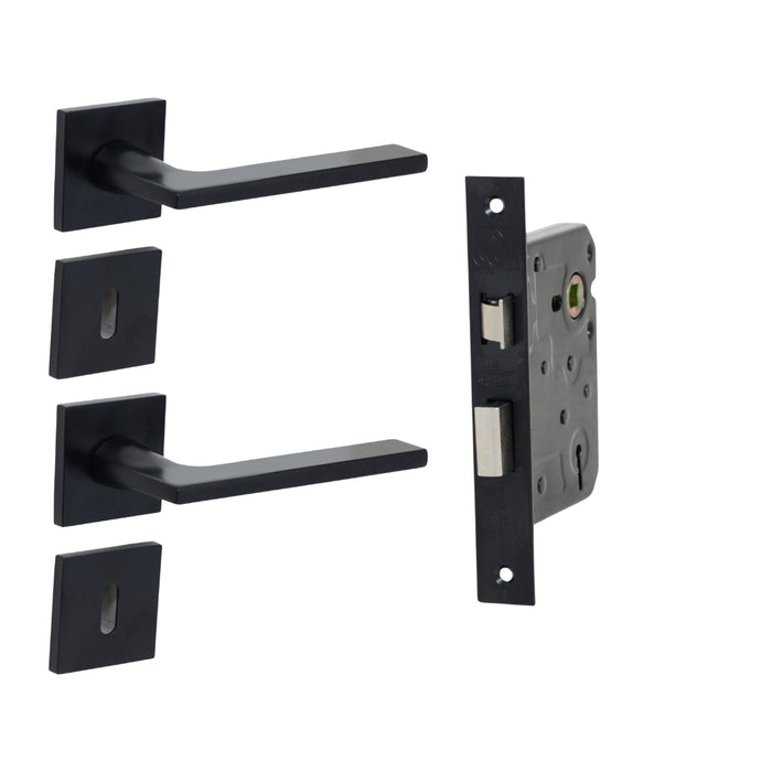 Modern Matt Black Door Handle on Square Rose with Two Lever Mortice Lock in Black