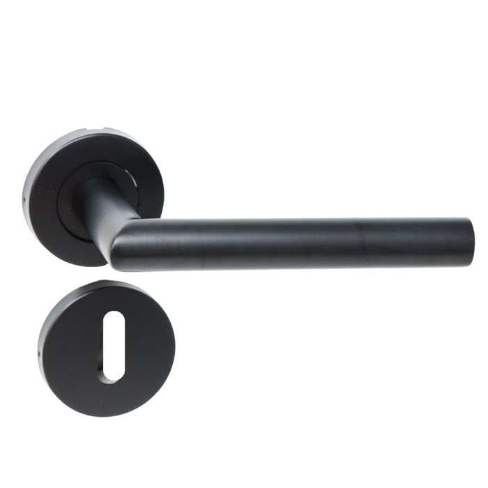 Matt black tubular lever handle and round rose, close-up detail