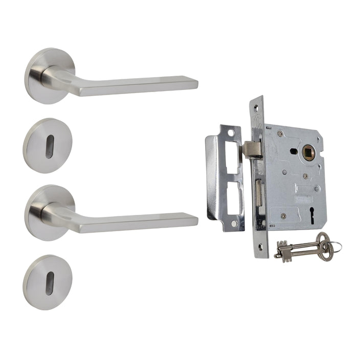 Modern Satin Chrome Door Handle on Round Rose with Two Lever Mortice Lock