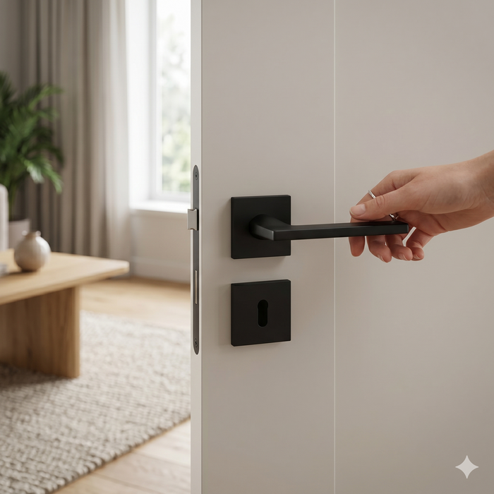 Modern Square Lever Door Handles on Square Rose - Matt Black